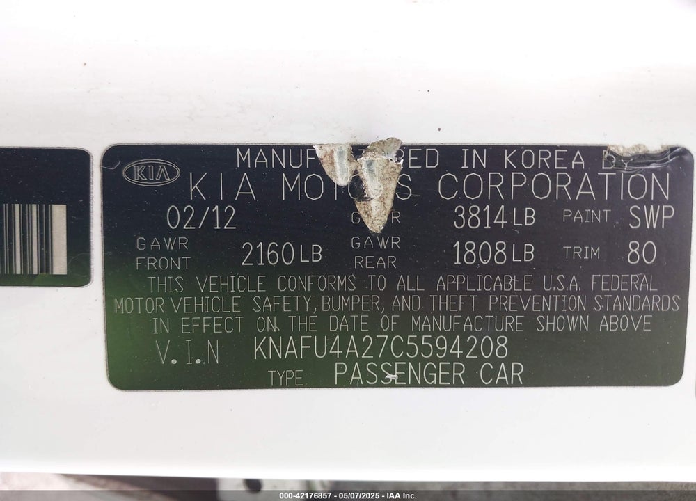 2012 KIA FORTE EX VIN: KNAFU4A27C5594208
