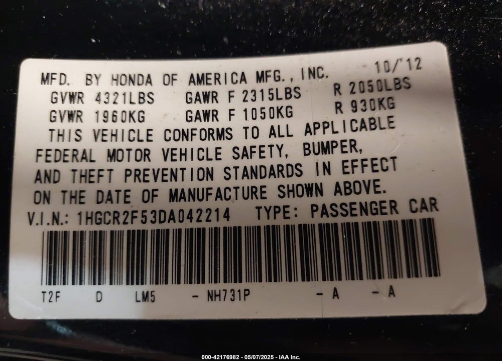 2013 HONDA ACCORD SPORT VIN: 1HGCR2F53DA042214