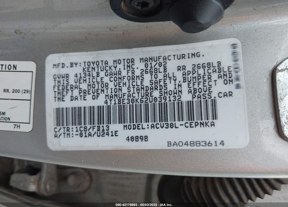 2002 TOYOTA CAMRY VIN: 4T1BE30K62U039132