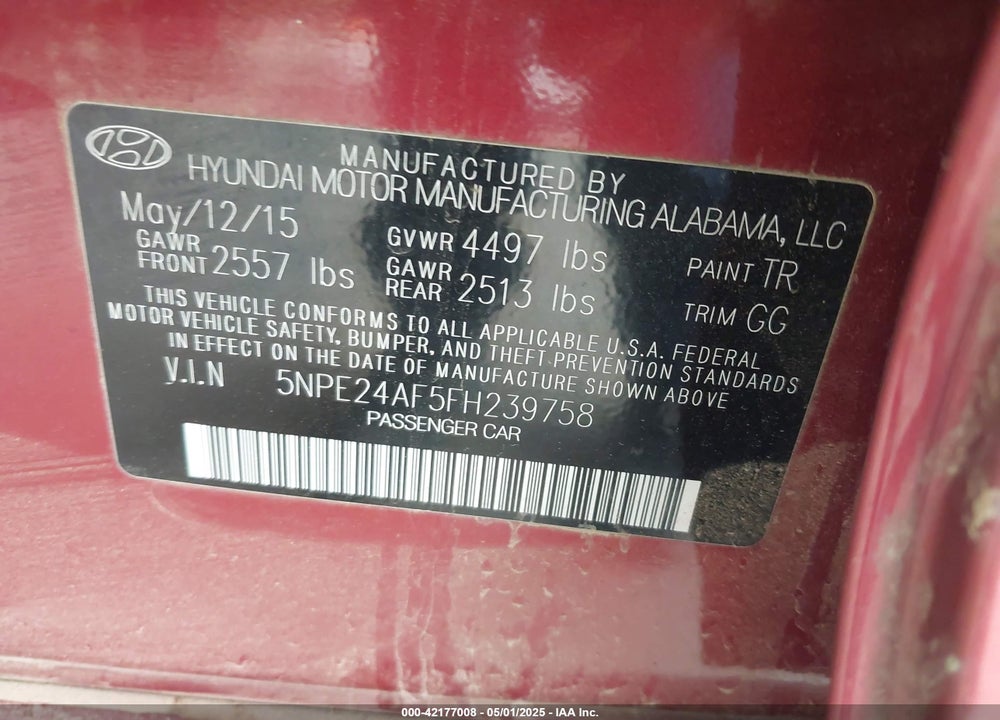 2015 HYUNDAI SONATA SE VIN: 5NPE24AF5FH239758