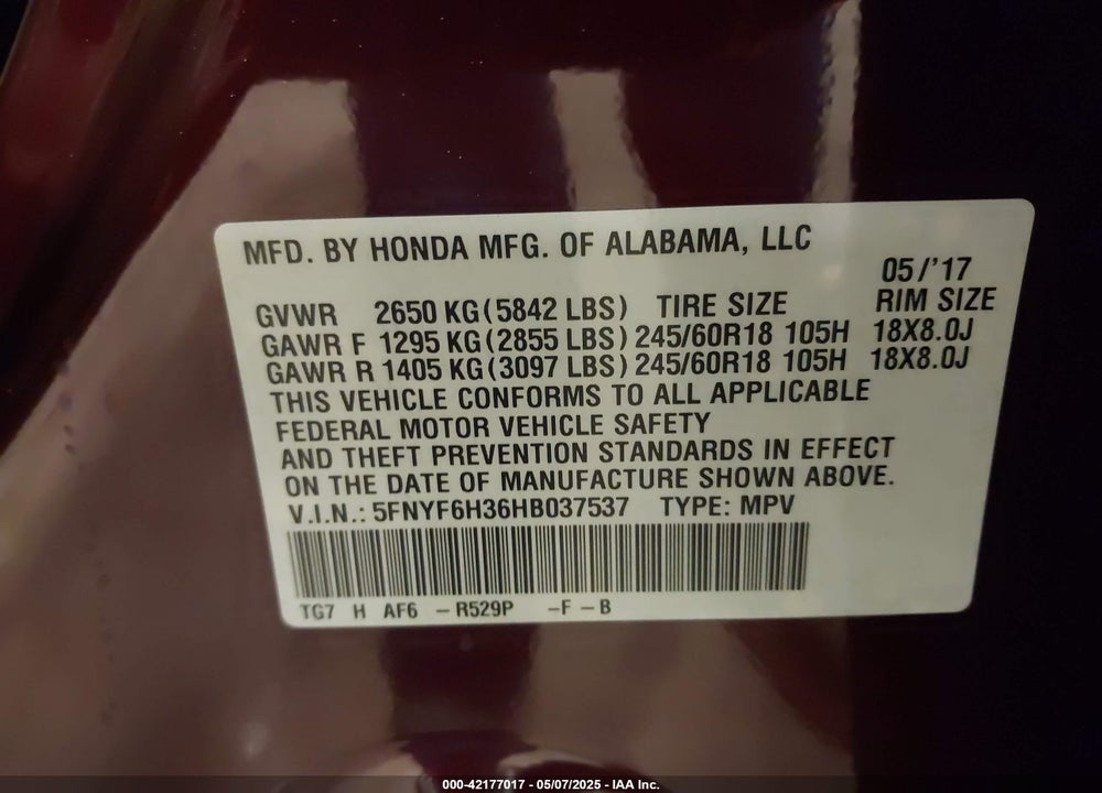 2017 HONDA PILOT EX VIN: 5FNYF6H36HB037537