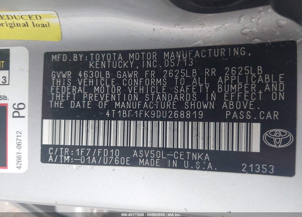 2013 TOYOTA CAMRY VIN: 4T1BF1FK9DU268819