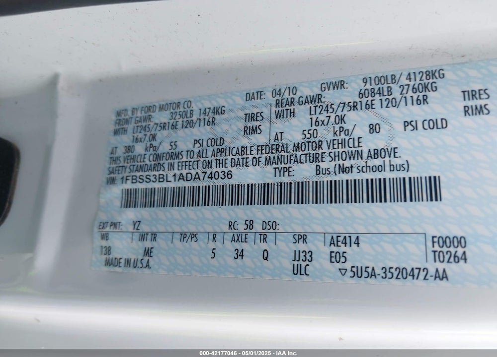 2010 FORD E-350 SUPER DUTY XL/XLT VIN: 1FBSS3BL1ADA74036