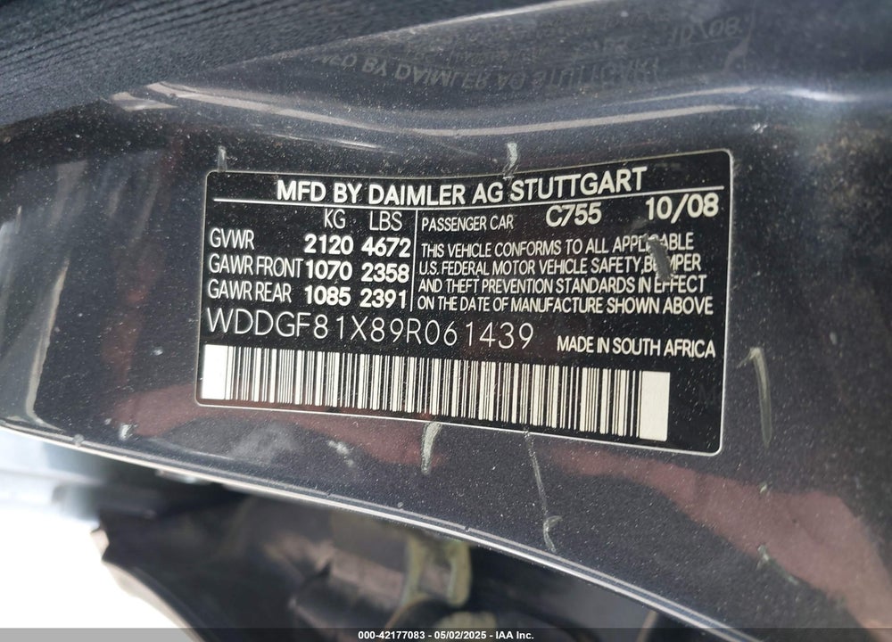 2009 MERCEDES-BENZ C 300 VIN: WDDGF81X89R061439