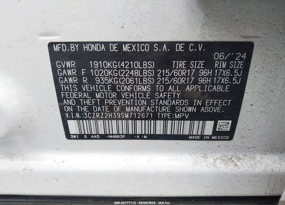 2025 HONDA HR-V VIN: 3CZRZ2H39SM712671