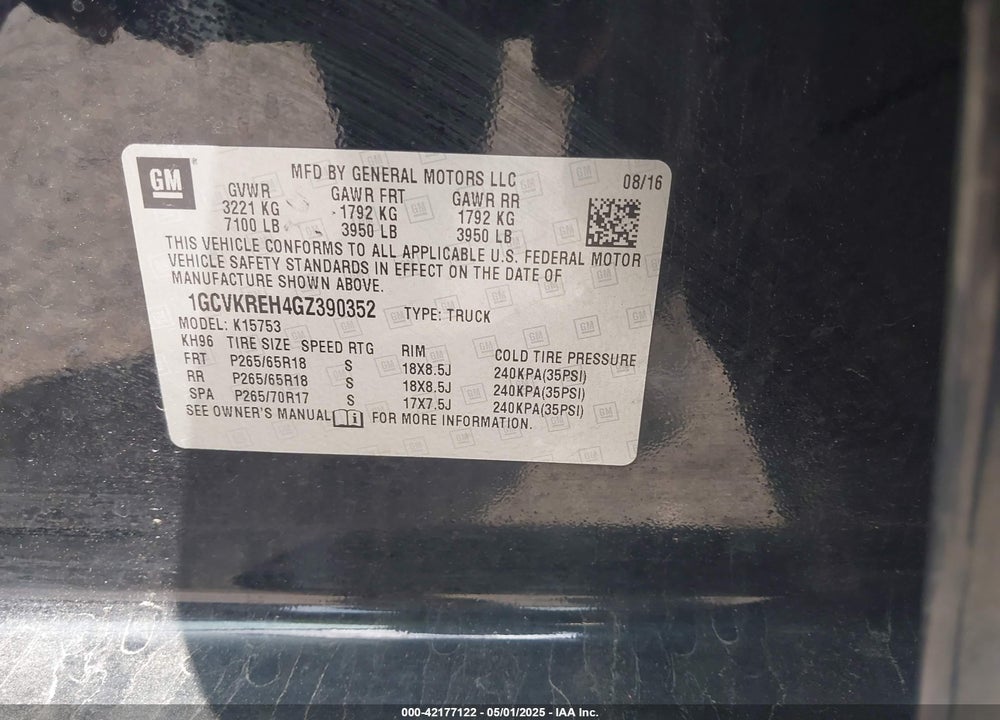 2016 CHEVROLET SILVERADO 1500 VIN: 1GCVKREH4GZ390352