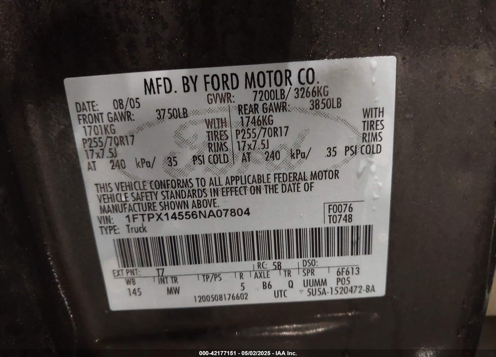 2006 FORD F-150 FX4/LARIAT/XL/XLT VIN: 1FTPX14556NA07804