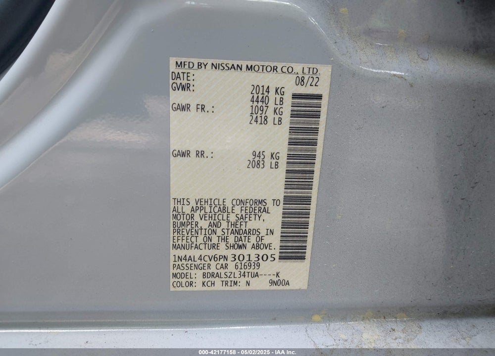 2023 NISSAN ALTIMA VIN: 1N4AL4CV6PN301305
