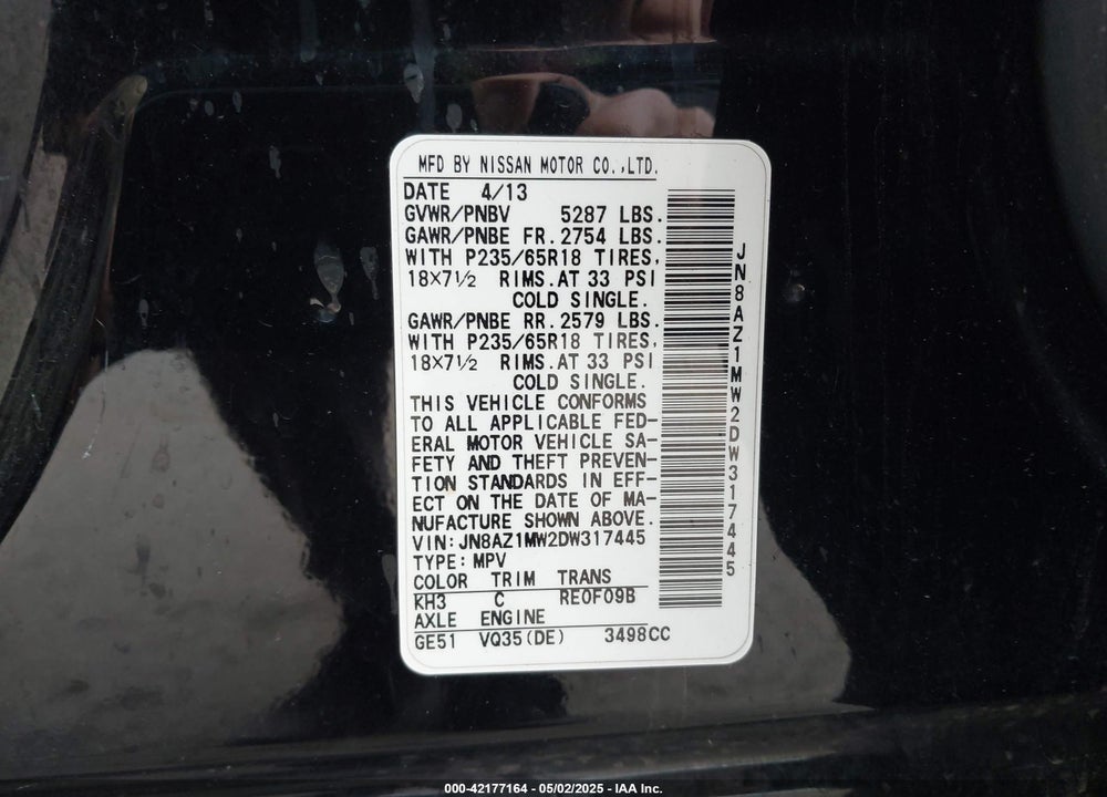 2013 NISSAN MURANO SL VIN: JN8AZ1MW2DW317445