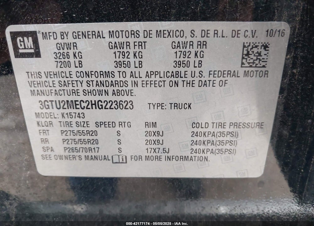 2017 GMC SIERRA 1500 SLE VIN: 3GTU2MEC2HG223623