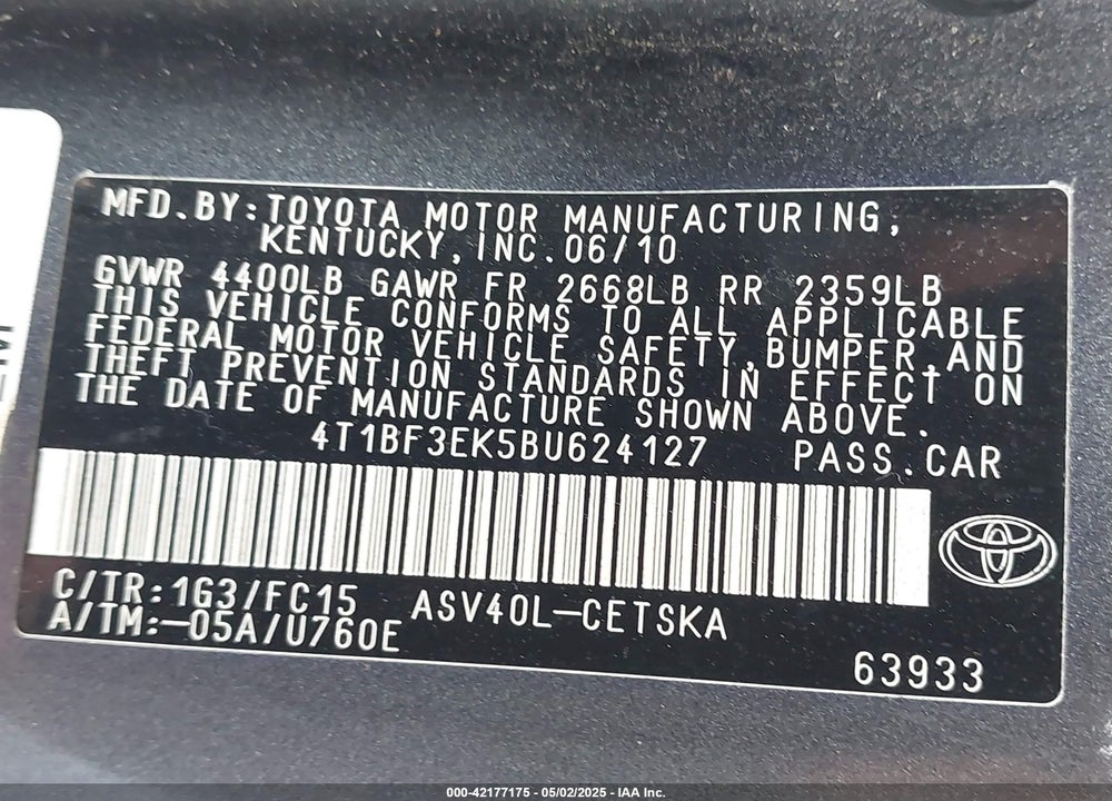 2011 TOYOTA CAMRY VIN: 4T1BF3EK5BU624127