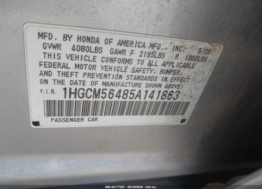 2005 HONDA ACCORD 2.4 LX VIN: 1HGCM56485A141863