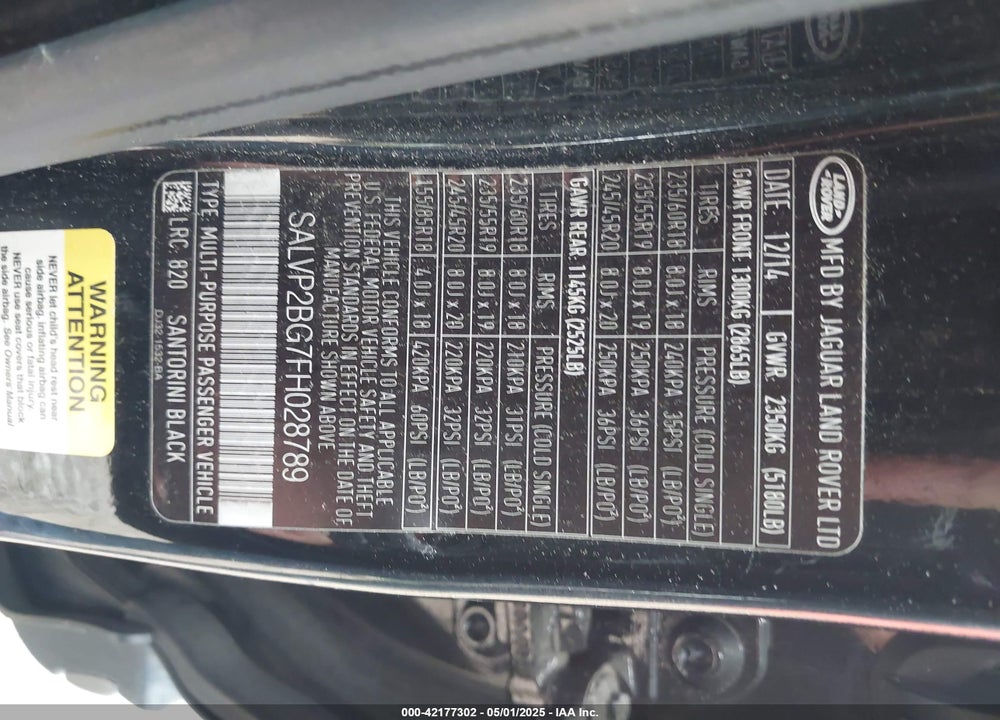2015 LAND ROVER RANGE ROVER EVOQUE VIN: SALVP2BG7FH028789