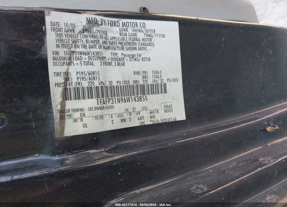 2006 FORD FOCUS VIN: 1FAFP31N96W143851