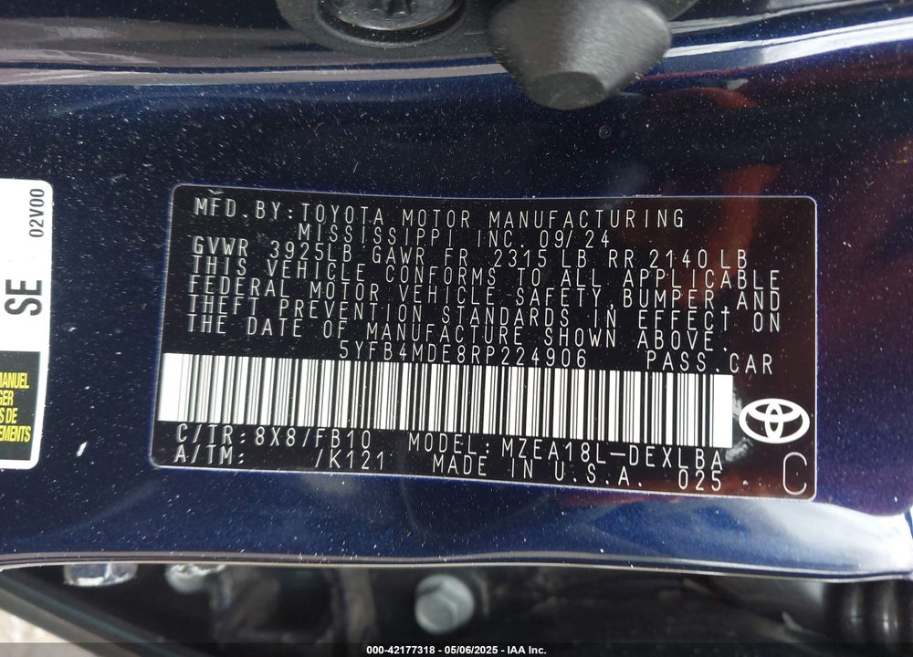 2024 TOYOTA COROLLA VIN: 5YFB4MDE8RP224906