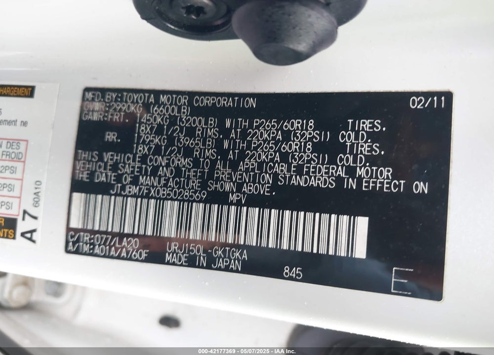 2011 LEXUS GX 460 VIN: JTJBM7FX0B5028569