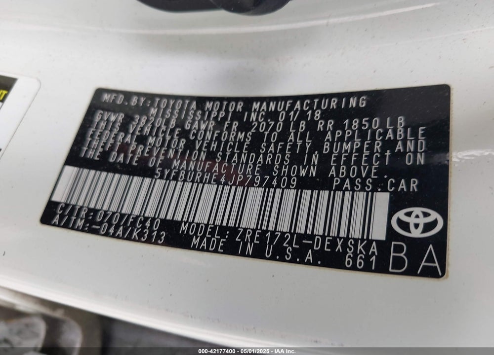2018 TOYOTA COROLLA VIN: 5YFBURHE4JP797409