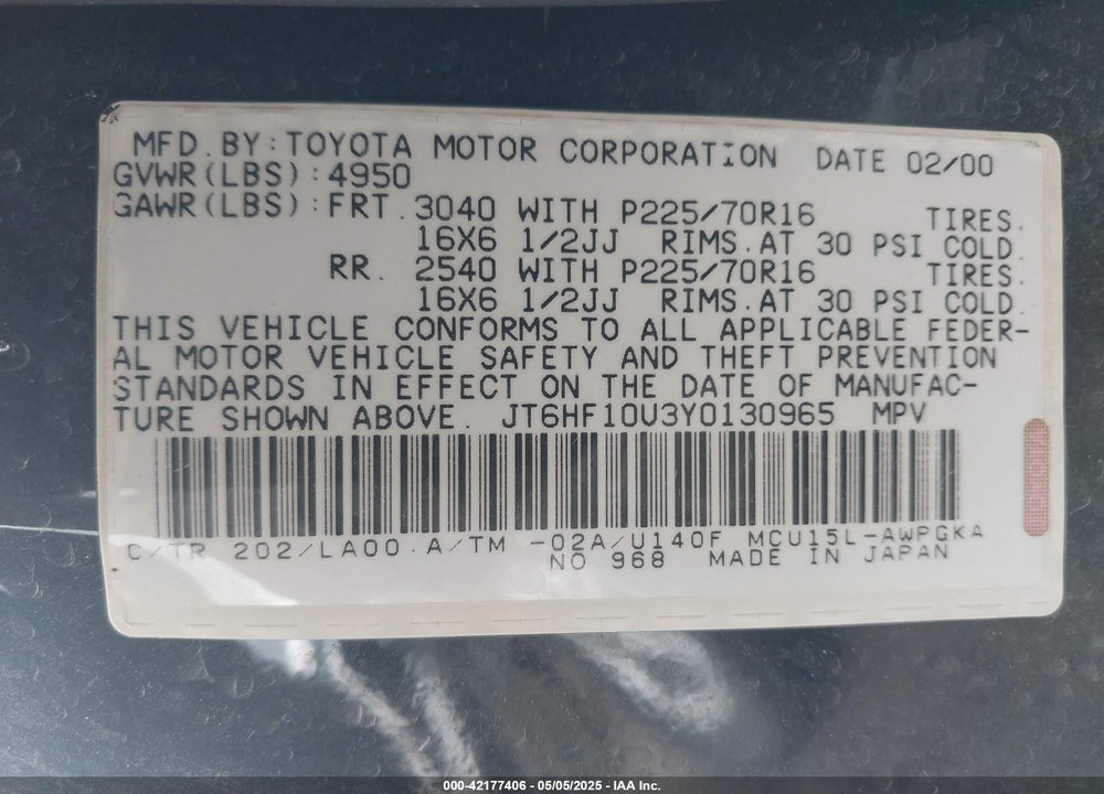 2000 LEXUS RX 300 VIN: JT6HF10U3Y0130965