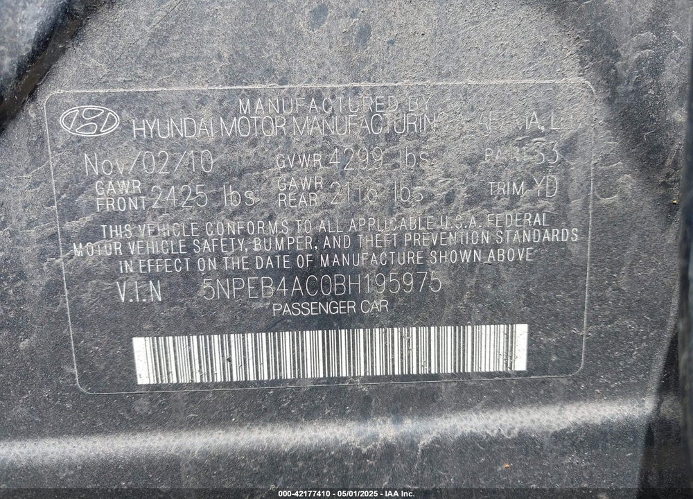 2011 HYUNDAI SONATA VIN: 5NPEB4AC0BH195975