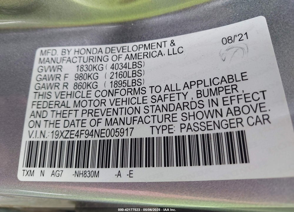 2022 HONDA INSIGHT TOURING VIN: 19XZE4F94NE005917