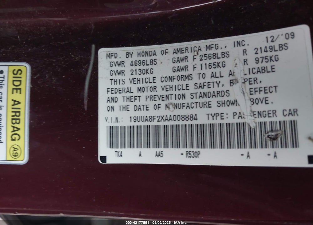 2010 ACURA TL VIN: 19UUA8F2XAA008884
