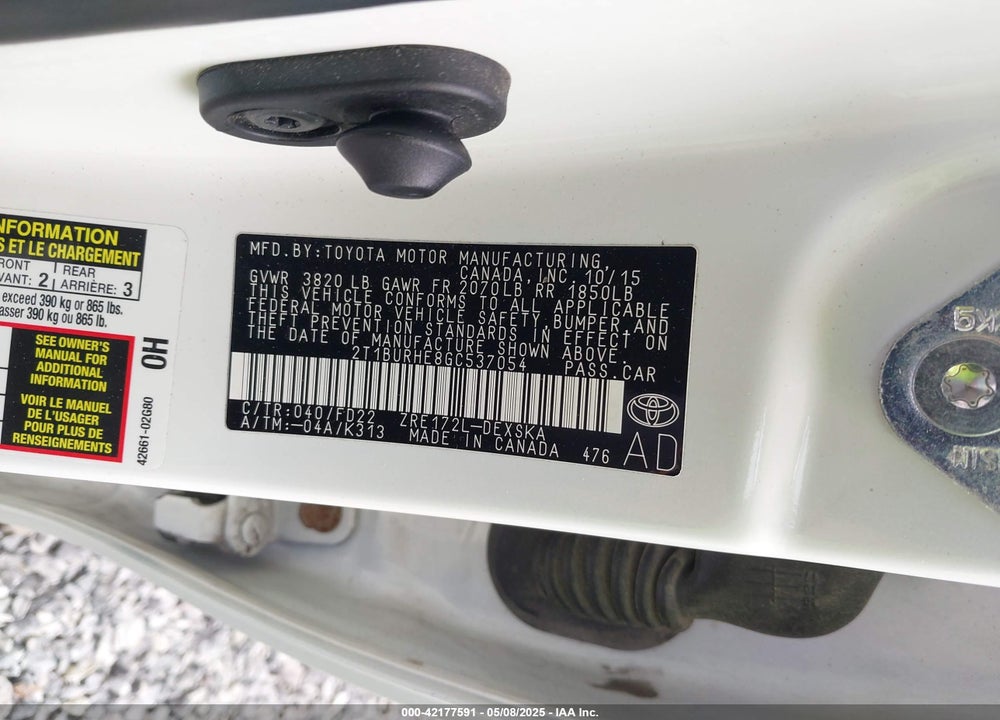 2016 TOYOTA COROLLA VIN: 2T1BURHE8GC537054