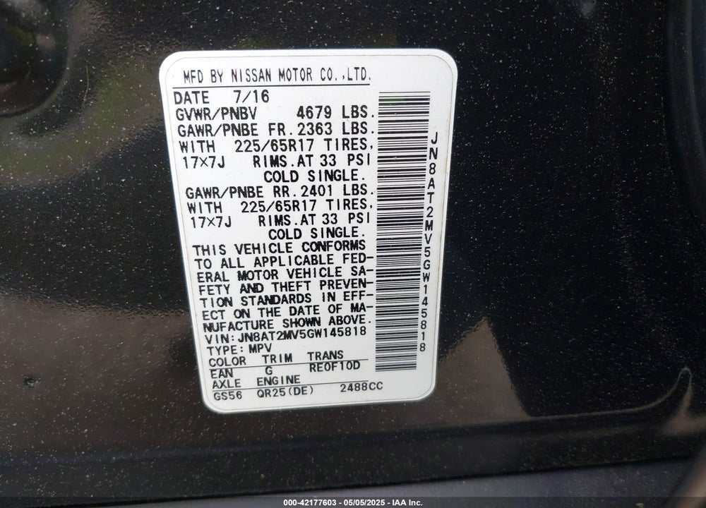 2016 NISSAN ROGUE VIN: JN8AT2MV5GW145818
