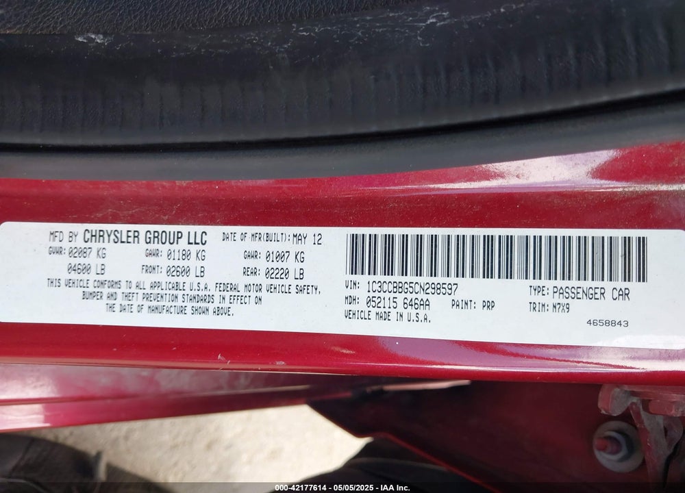 2012 CHRYSLER 200 TOURING VIN: 1C3CCBBG5CN298597