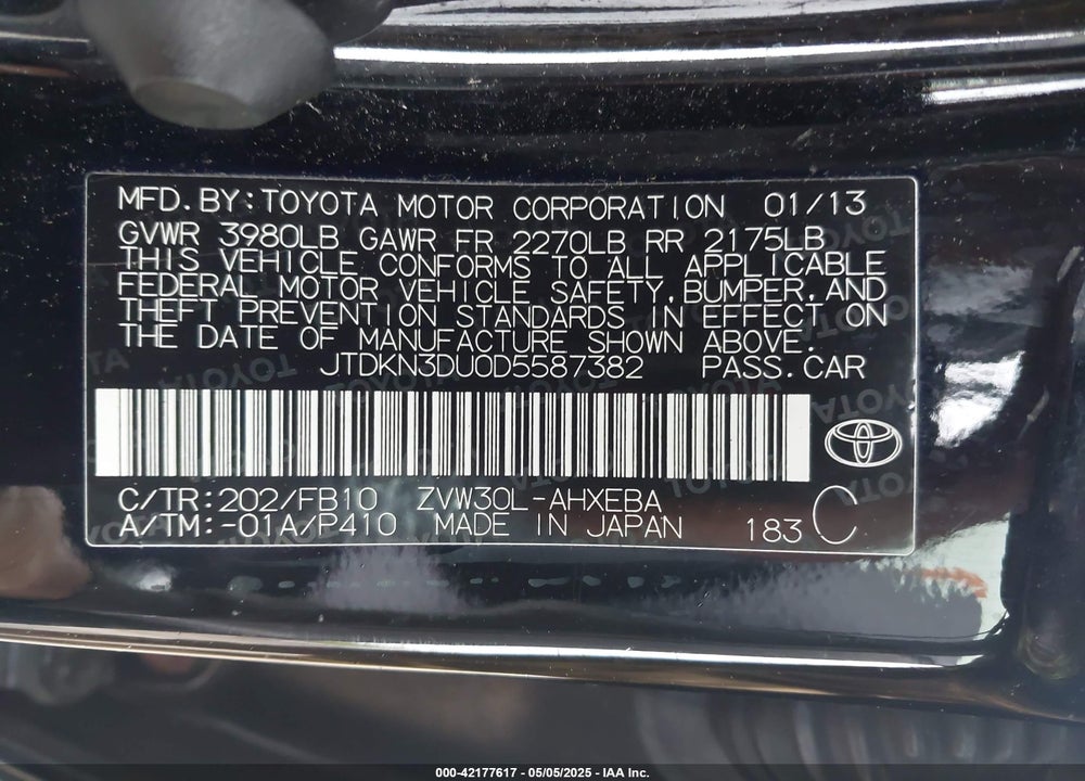2013 TOYOTA PRIUS VIN: JTDKN3DU0D5587382
