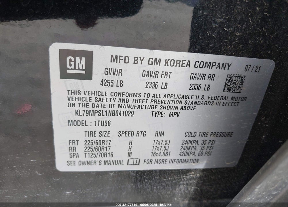2022 CHEVROLET TRAILBLAZER VIN: KL79MPSL1NB041029