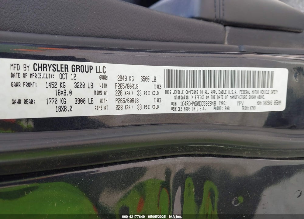 2013 DODGE DURANGO VIN: 1C4RDHAG0DC592848