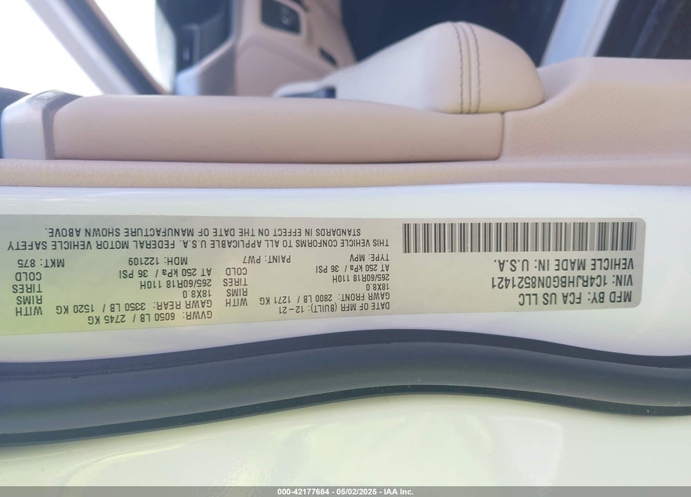 2022 JEEP GRAND CHEROKEE VIN: 1C4RJHBG0N8521421