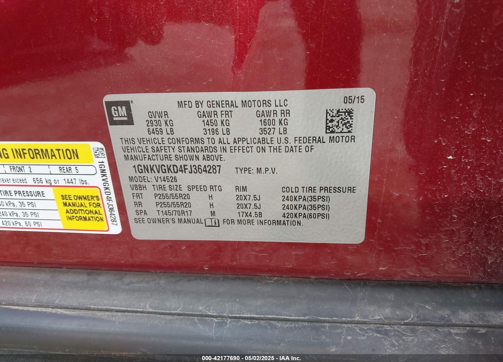 2015 CHEVROLET TRAVERSE 1LT VIN: 1GNKVGKD4FJ364287