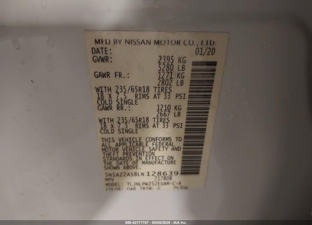 2020 NISSAN MURANO VIN: 5N1AZ2AS8LN128639