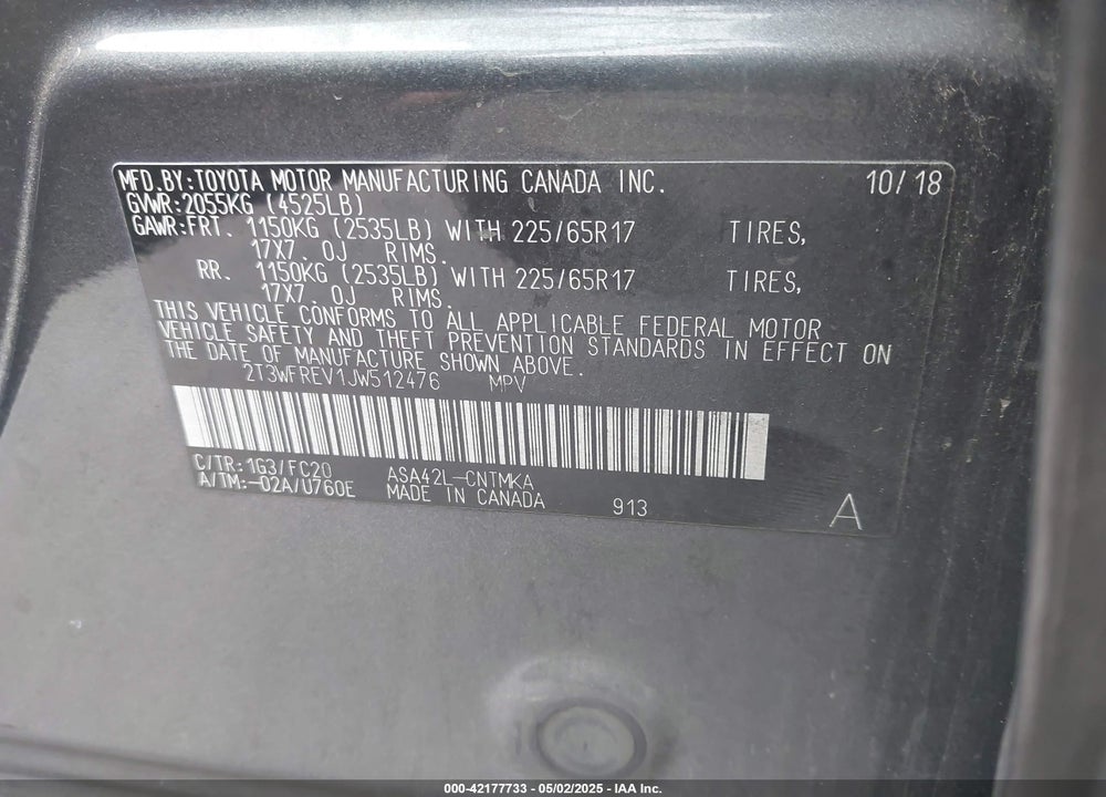 2018 TOYOTA RAV4 XLE VIN: 2T3WFREV1JW512476