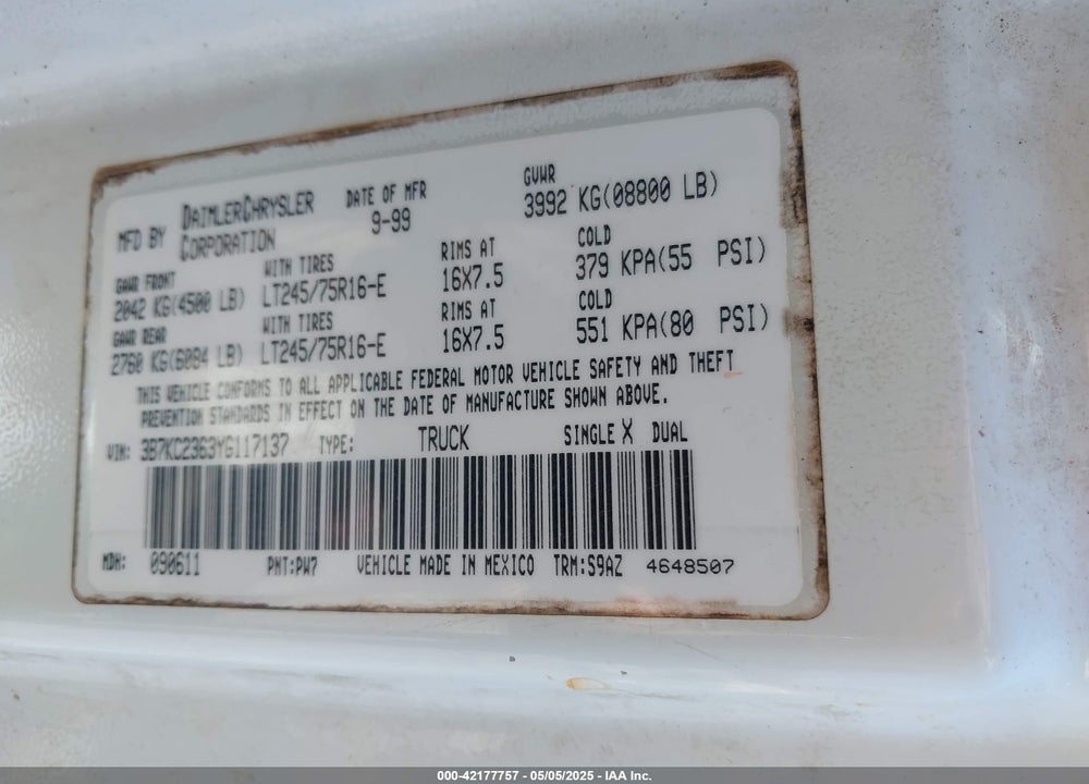 2000 DODGE RAM 2500 ST VIN: 3B7KC2363YG117137