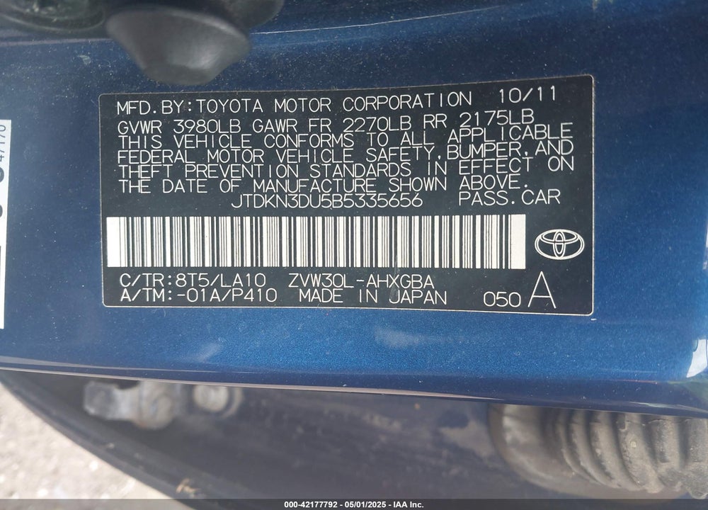 2011 TOYOTA PRIUS VIN: JTDKN3DU5B5335656