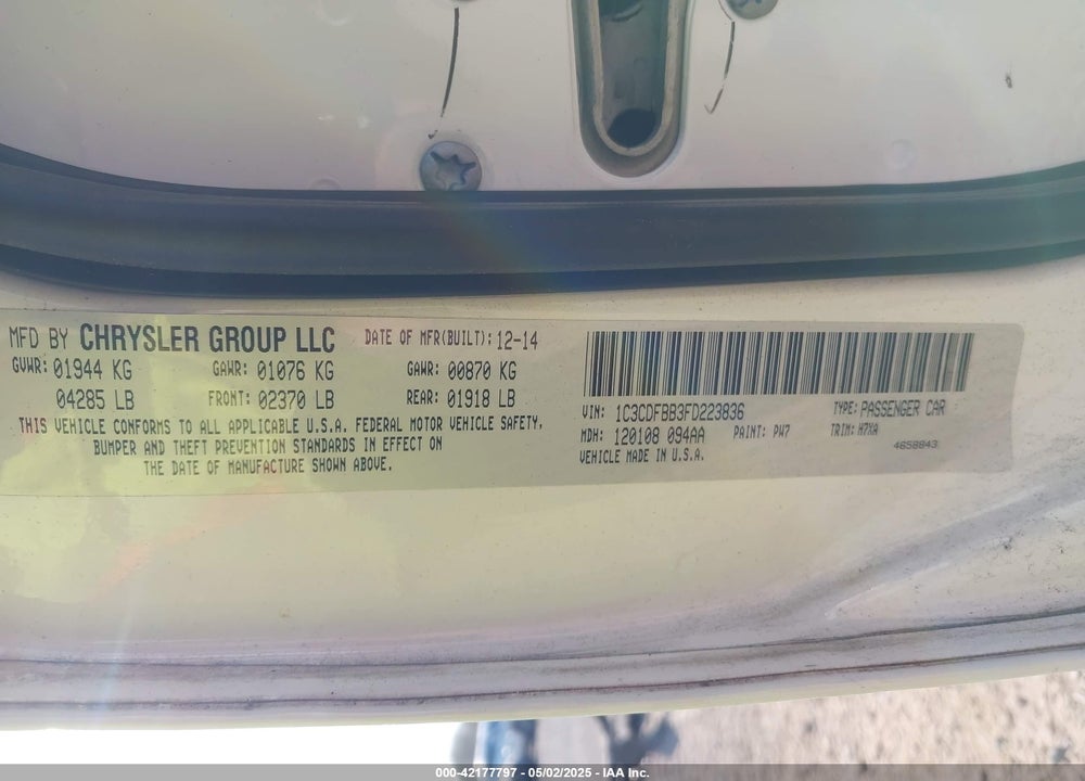 2015 DODGE DART VIN: 1C3CDFBB3FD223836