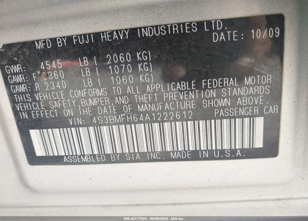 2010 SUBARU LEGACY 2.5GT PREMIUM VIN: 4S3BMFH64A1222612
