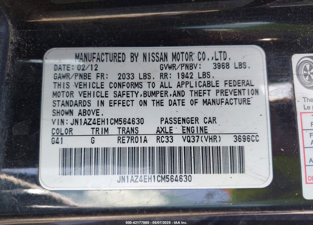 2012 NISSAN 370Z TOURING VIN: JN1AZ4EH1CM564630