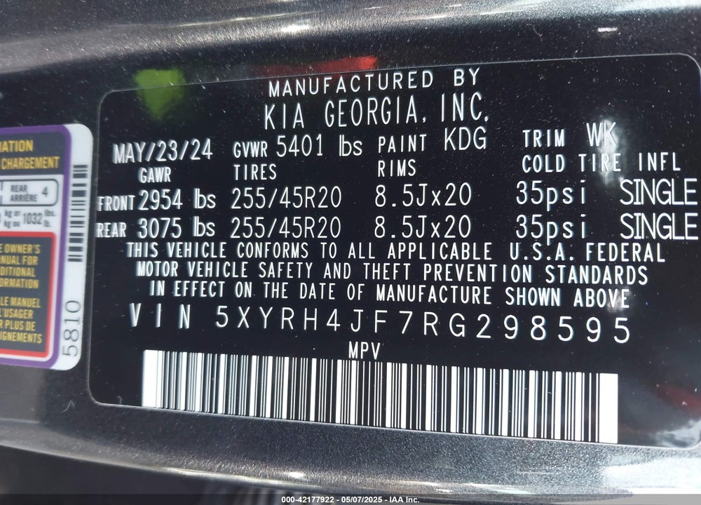 2024 KIA SORENTO EX VIN: 5XYRH4JF7RG298595