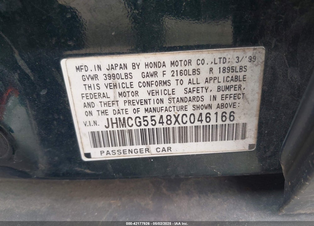 1999 HONDA ACCORD LX VIN: JHMCG5548XC046166