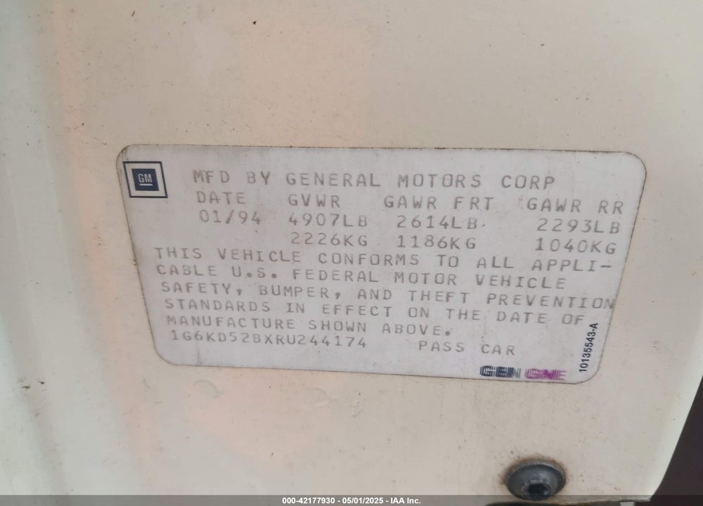 1994 CADILLAC DEVILLE VIN: 1G6KD52BXRU244174