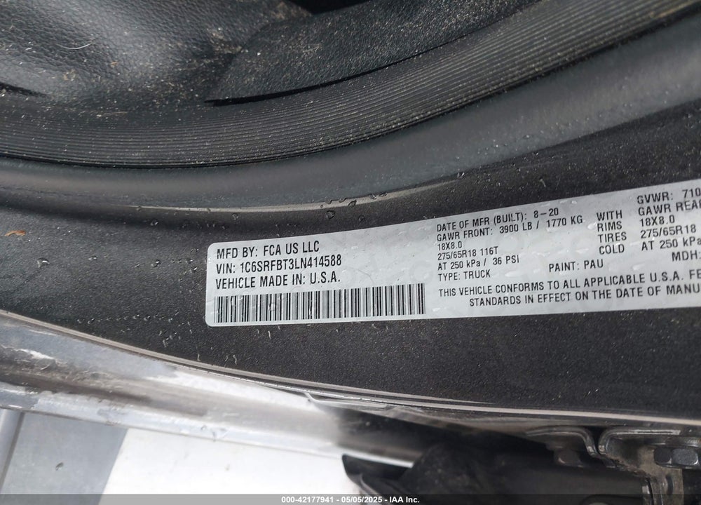 2020 RAM 1500 BIG HORN 4X4 6'4 BOX VIN: 1C6SRFBT3LN414588