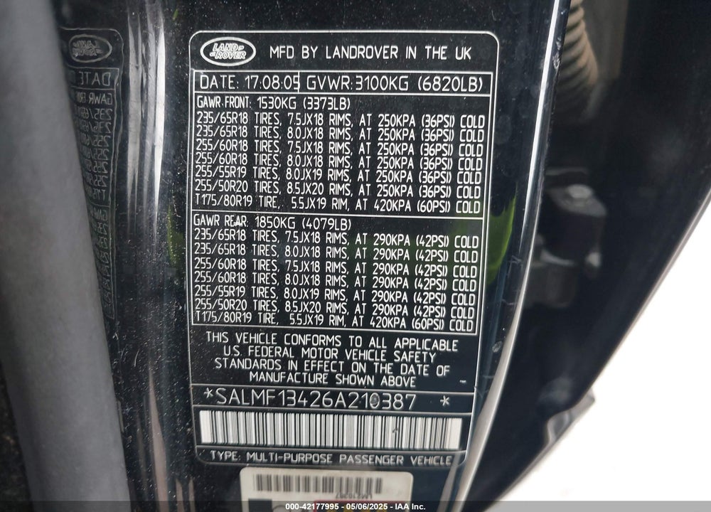 2006 LAND ROVER RANGE ROVER SUPERCHARGED VIN: SALMF13426A210387