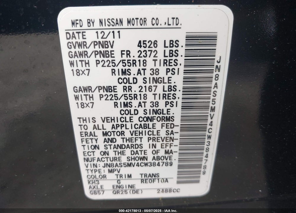 2012 NISSAN ROGUE VIN: JN8AS5MV4CW384789
