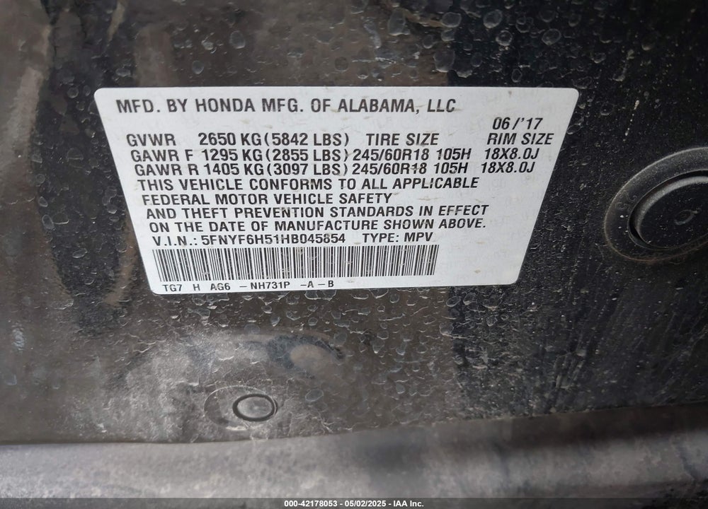 2017 HONDA PILOT VIN: 5FNYF6H51HB045854