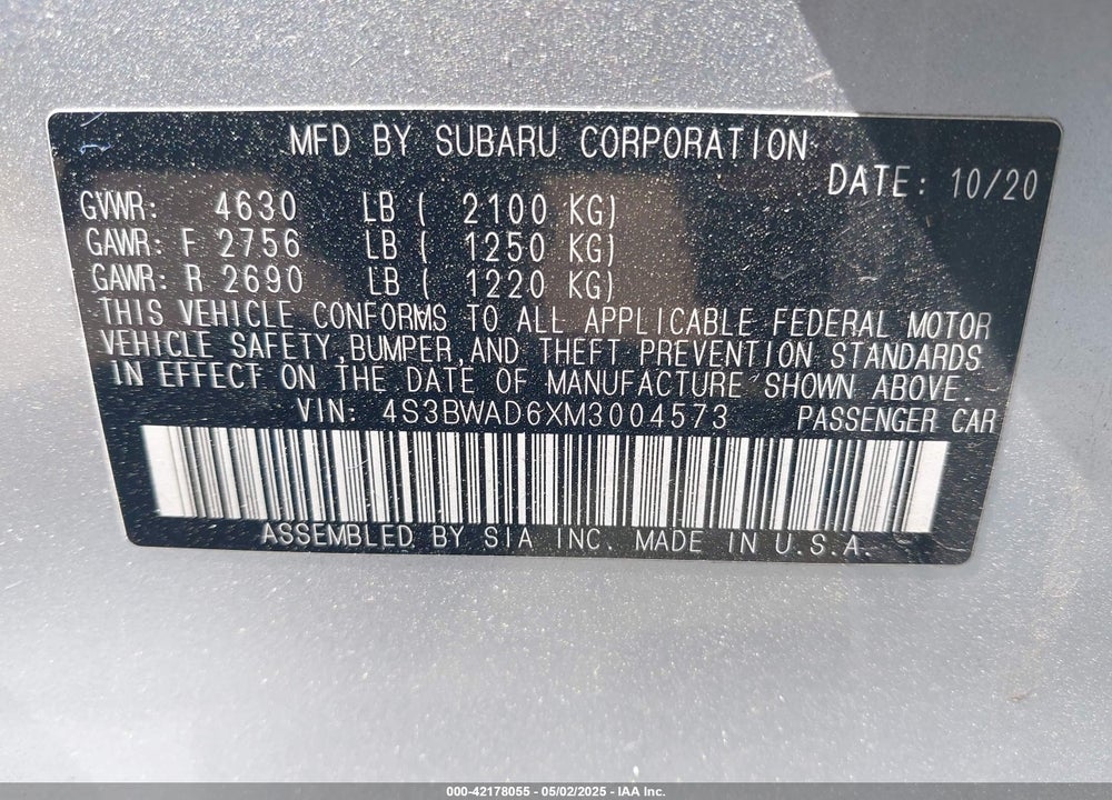 2021 SUBARU LEGACY VIN: 4S3BWAD6XM3004573