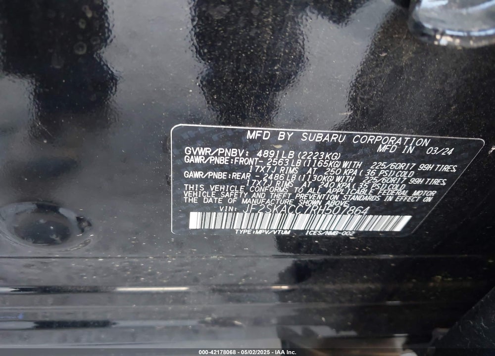 2024 SUBARU FORESTER VIN: JF2SKACC7RH507864