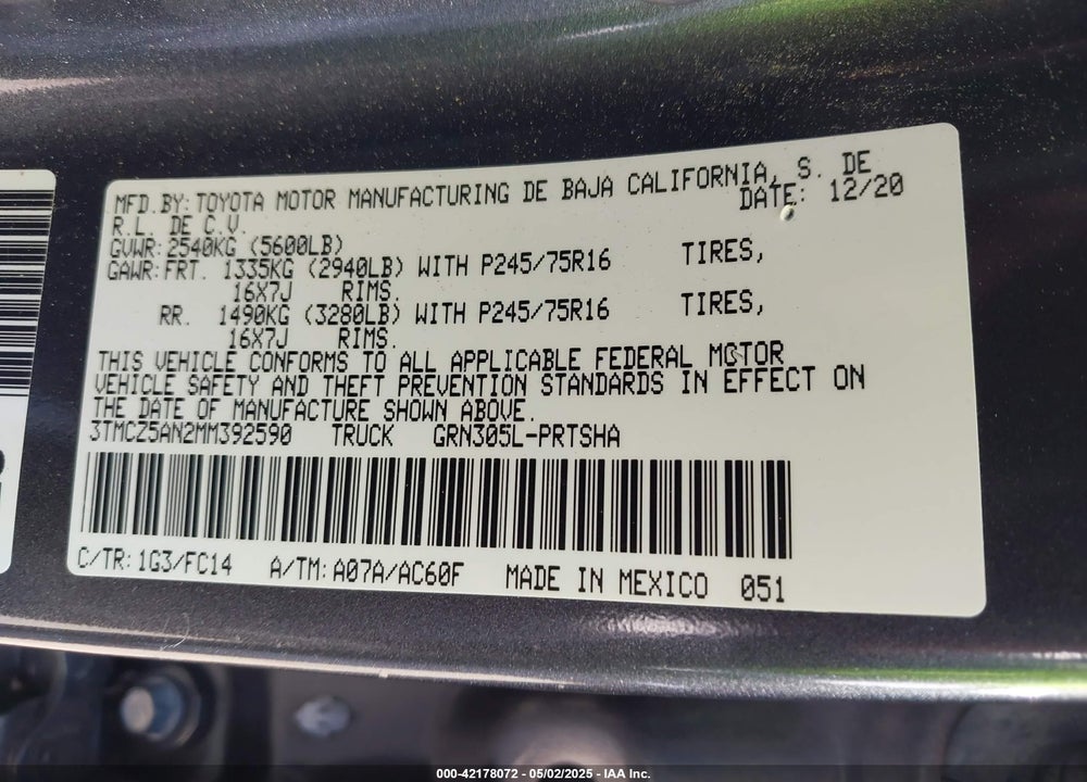 2021 TOYOTA TACOMA SR5 V6 VIN: 3TMCZ5AN2MM392590